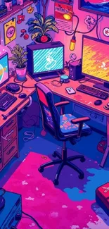 A vibrant retro gaming setup with colorful screens and decor for mobile wallpaper.