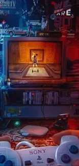 Retro gaming setup with classic console and vibrant colors.