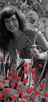 Retro garden with red hearts and woman in black and white.