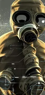 A person wearing a vintage gas mask in an olive green themed wallpaper.