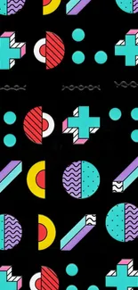 Retro geometric shapes on a black background with vibrant colors.