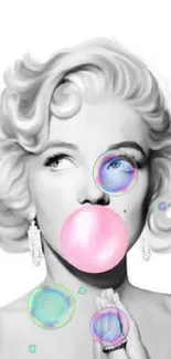 Glamorous retro black and white art with a pop of pink bubble gum.