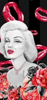 Retro elegant wallpaper with red lips and roses on black background.