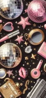 Retro glam wallpaper with disco balls and makeup elements.