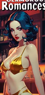 Retro romantic artwork with a glamorous woman in golden outfit.