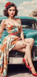 Retro woman sitting on vintage teal car with floral dress.