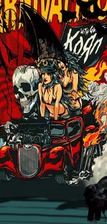 Retro graphic wallpaper with a fiery hot rod and skull theme.