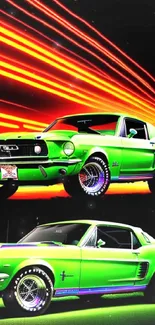 Green retro muscle car with orange light streaks on a black background.