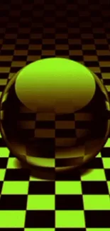 A spherical glass orb over a green checkered background in retro style.