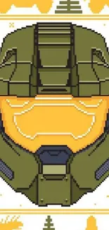 Pixel art helmet on festive wallpaper design.