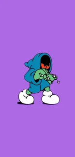 Blue hoodie character art on purple background.