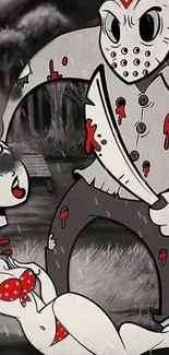 Retro horror cartoon wallpaper with monochrome tones and red accents.