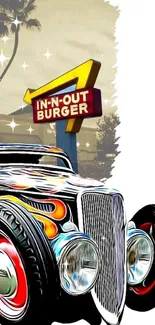 Retro hot rod with flames in front of an iconic burger restaurant.