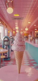 Ice cream cone in a retro pink diner setting, creating a nostalgic ambiance.