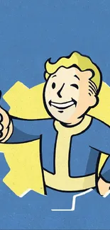 Retro character giving thumbs-up on a blue and yellow background.