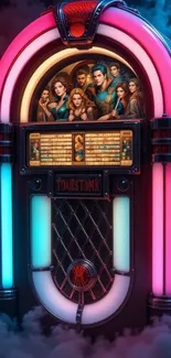 Colorful neon jukebox with vintage design and glowing lights.