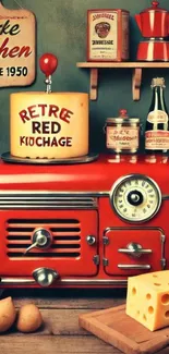 Retro kitchen wallpaper featuring vintage appliances and cheese.