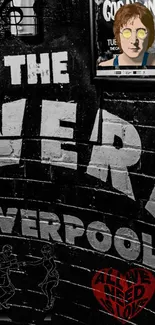 Black and white retro mural of Liverpool with music themes and artistic elements.