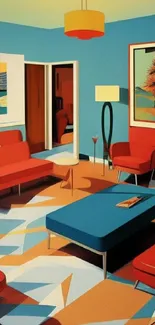 Vibrant retro living room art wallpaper in bold teal and red colors.