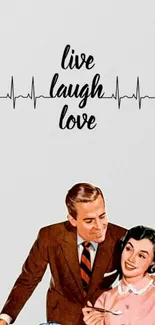 Vintage couple with 'Live Laugh Love' quote in retro style wallpaper.