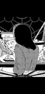 Black and white retro manga art with a girl reading.