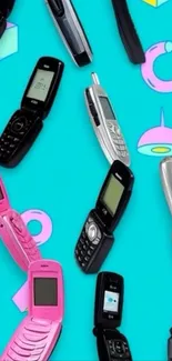 Colorful retro mobile phones on cyan background with geometric shapes.