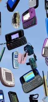Collage of retro mobile phones floating in a blue sky background.