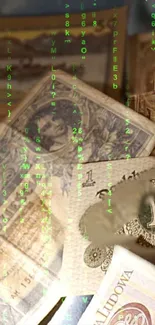 Vintage money overlapped by green digital code, creating a cyber aesthetic.