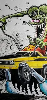 Vibrant monster driving a yellow classic car in retro style artwork.