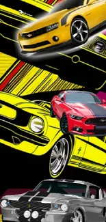 Pop art style wallpaper with retro muscle cars in vibrant colors.