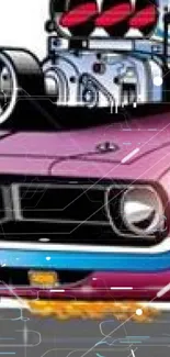 Illustration of a vintage pink muscle car with a prominent engine.