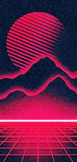 Retro neon wallpaper with pink sun and grid.