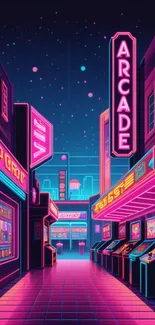 Retro neon arcade alley with vibrant signs.