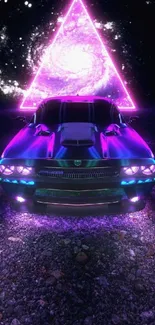 Neon car under a triangular galaxy in vibrant purple tones.