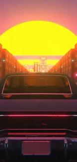 Retro neon car with a sunset and cityscape in the backdrop.