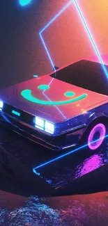 Retro neon car with vibrant glow and futuristic design on black background.