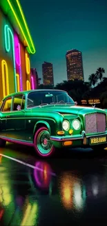 Vintage green car under neon lights in a cityscape at night.