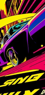 Bright neon retro car in a cityscape wallpaper.