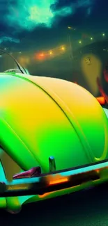 Retro neon car with vibrant green and yellow colors against urban backdrop.