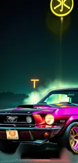 Vibrant wallpaper featuring a classic muscle car with neon lights.