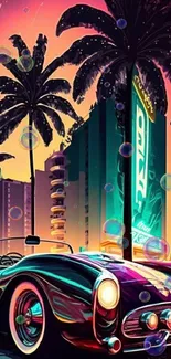 Neon retro car with palm trees and cityscape background.