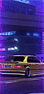 Retro car in neon-lit urban setting with vibrant purple glow.