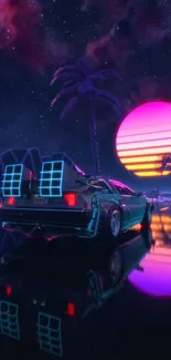 Neon car with palm trees and synthwave sunset in the background.