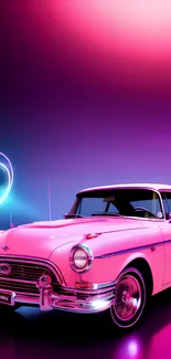 Retro vintage car in a neon pink and purple themed wallpaper.