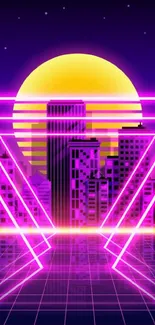 Futuristic cityscape with neon purple and yellow sunset.