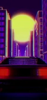 Retro neon cityscape with futuristic car view.