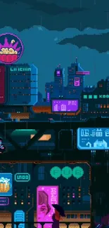 Vibrant neon cityscape with futuristic architecture in a retro pixel art design.