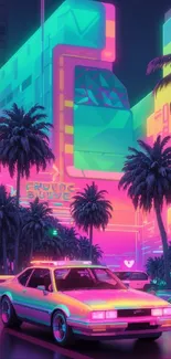 Retro neon cityscape with classic car and palm trees, 80s synthwave style.