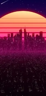 Retro neon cityscape with sunset background.