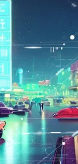 Retro neon cityscape with classic cars at night in vibrant colors.